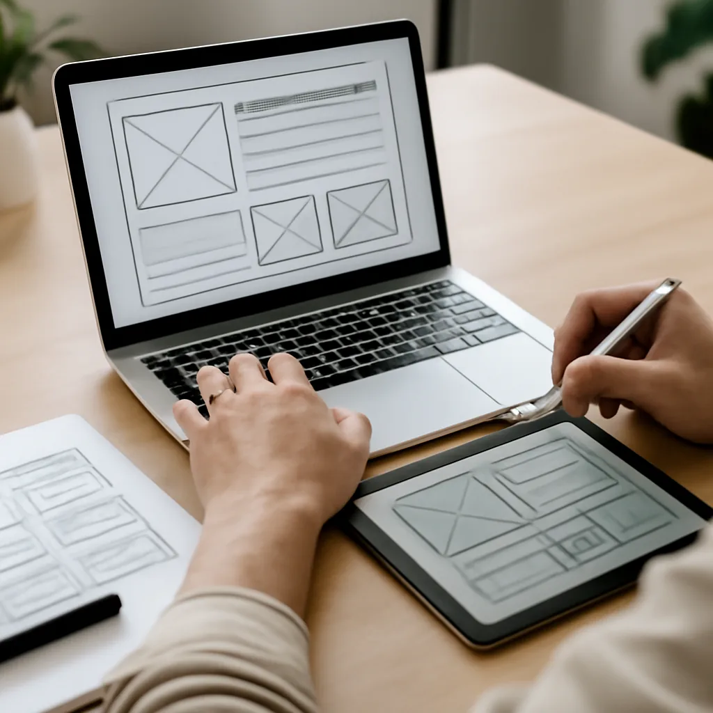 close-up of UI UX designer creating website wireframes