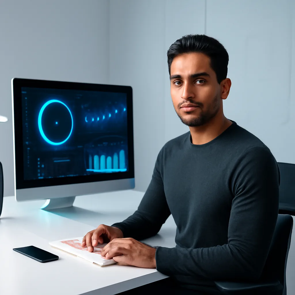 Clean futuristic workspace aesthetic, confident innovative mood, crisp