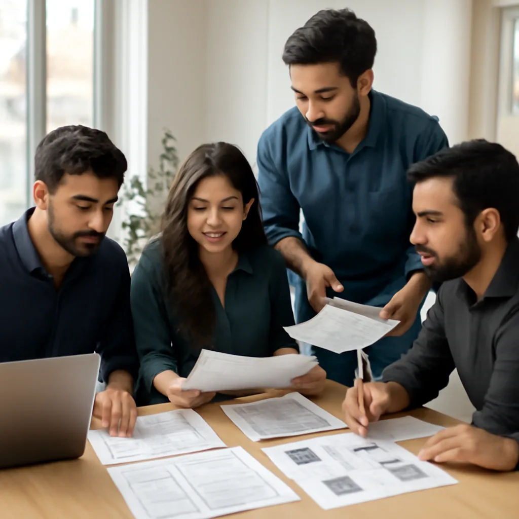 modern Pakistani software team reviewing website wireframes and