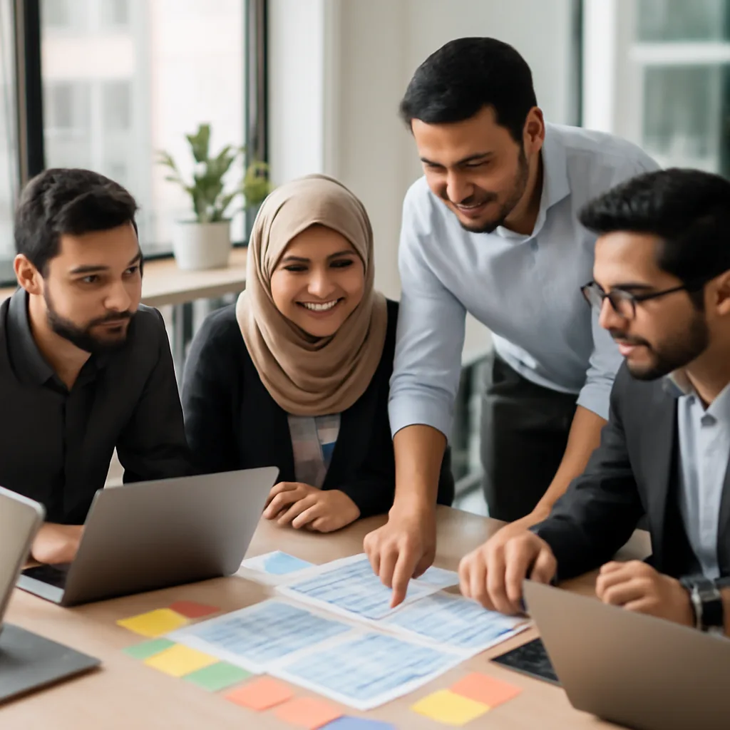 professional Pakistani software team collaborating at a desk