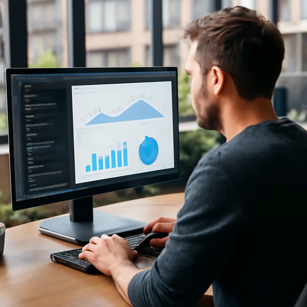 developer optimizing website performance with analytics charts on