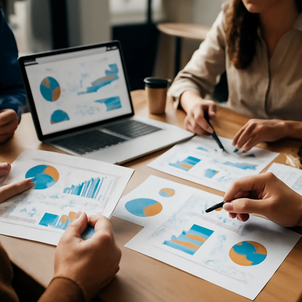 digital marketing strategy session with analytics charts, laptop,