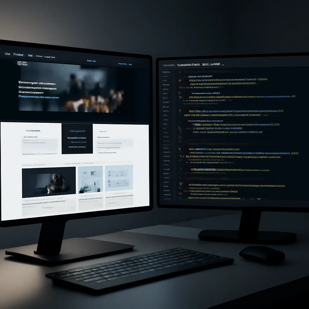 close-up of website design and code on dual