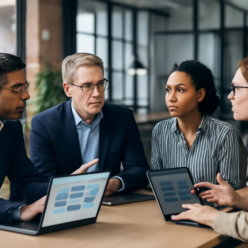 professional developers and business consultants discussing custom software