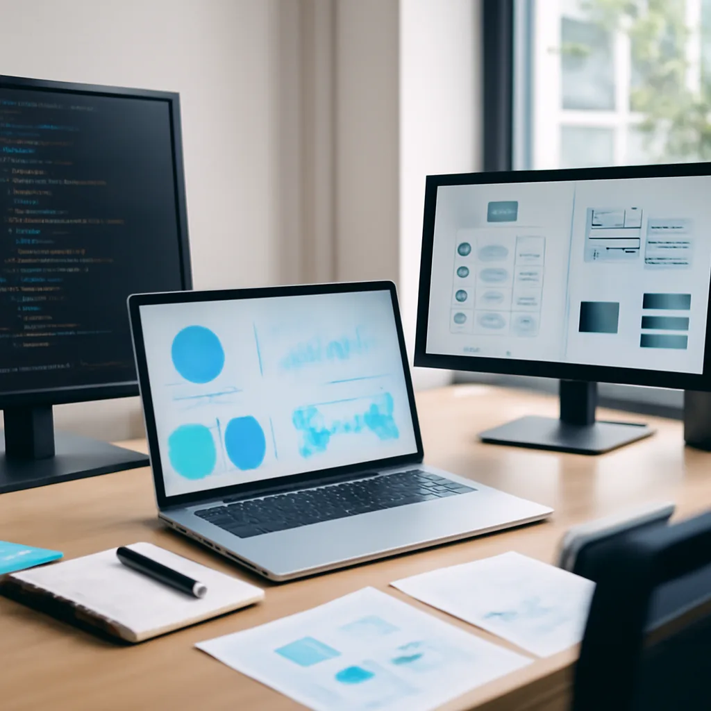 modern software planning workspace with laptop, dashboard charts,