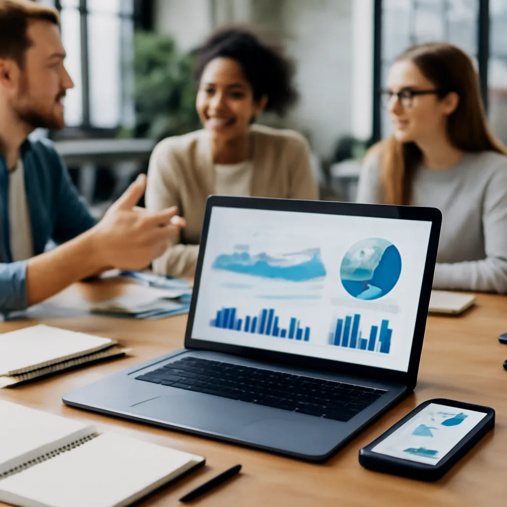 digital marketing workspace with analytics dashboard on laptop,